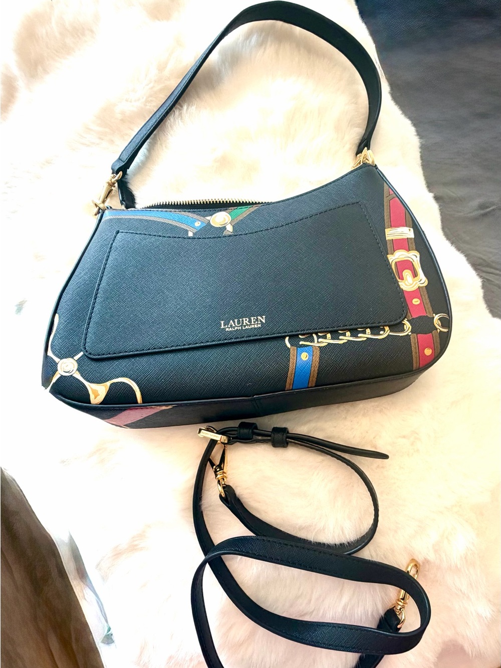 Lauren Ralph Lauren Black Shoulder Bag with Multicolor Equestrian Print - Picture 6 of 9